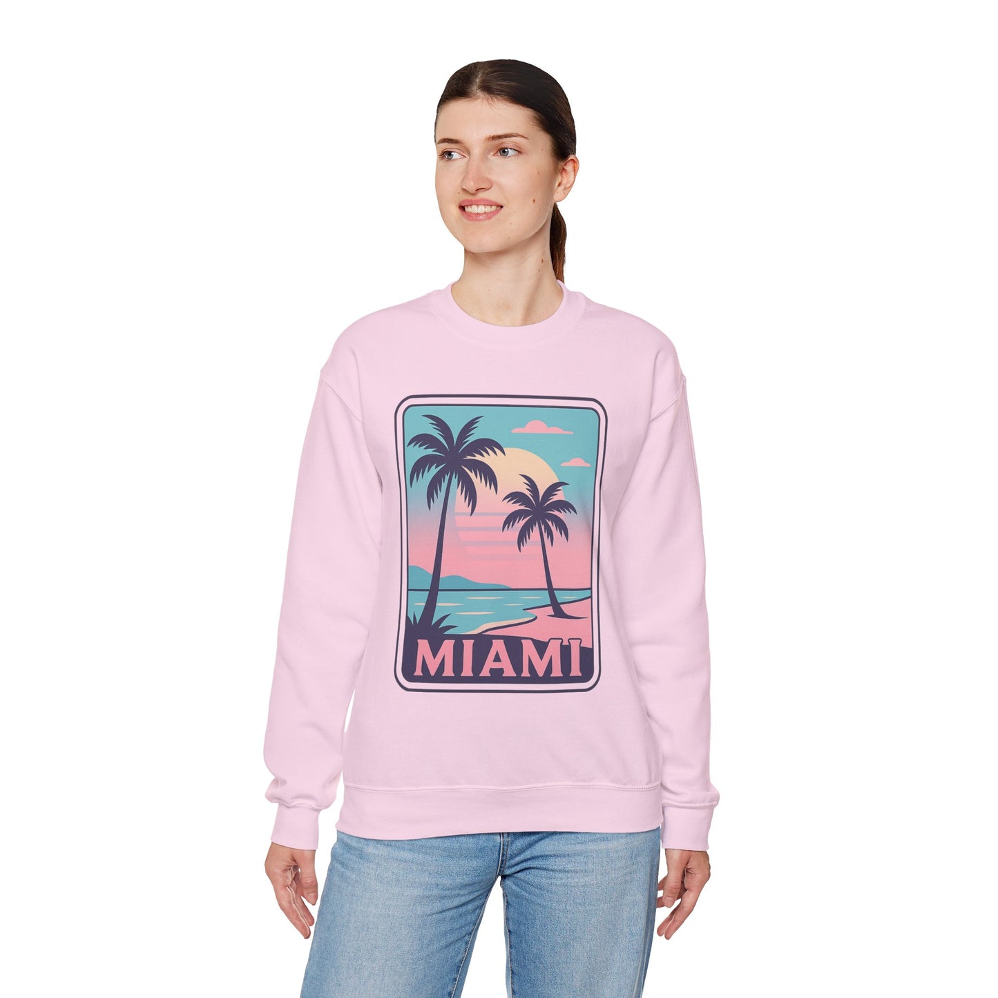 Miami Sunset Crewneck Sweatshirt, Unisex Sweatshirt, Beach Vibes Apparel, Vacation Wear, Gift for Miami Lovers