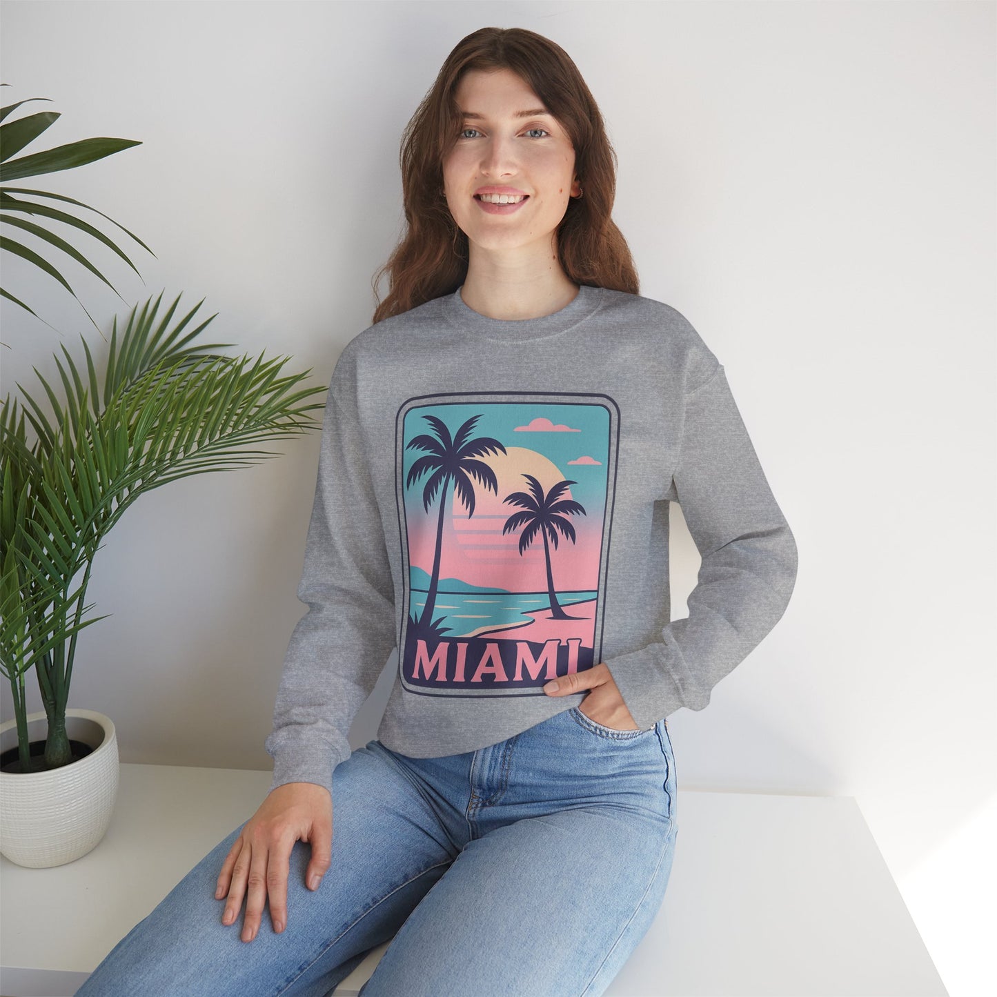 Miami Sunset Crewneck Sweatshirt, Unisex Sweatshirt, Beach Vibes Apparel, Vacation Wear, Gift for Miami Lovers