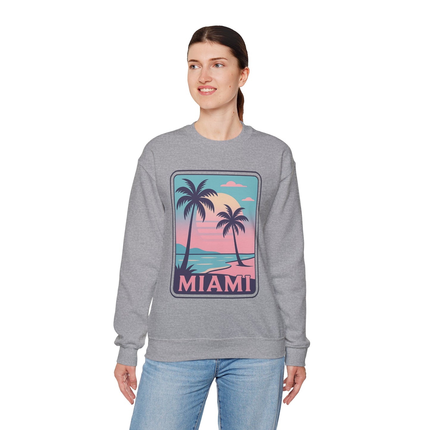 Miami Sunset Crewneck Sweatshirt, Unisex Sweatshirt, Beach Vibes Apparel, Vacation Wear, Gift for Miami Lovers