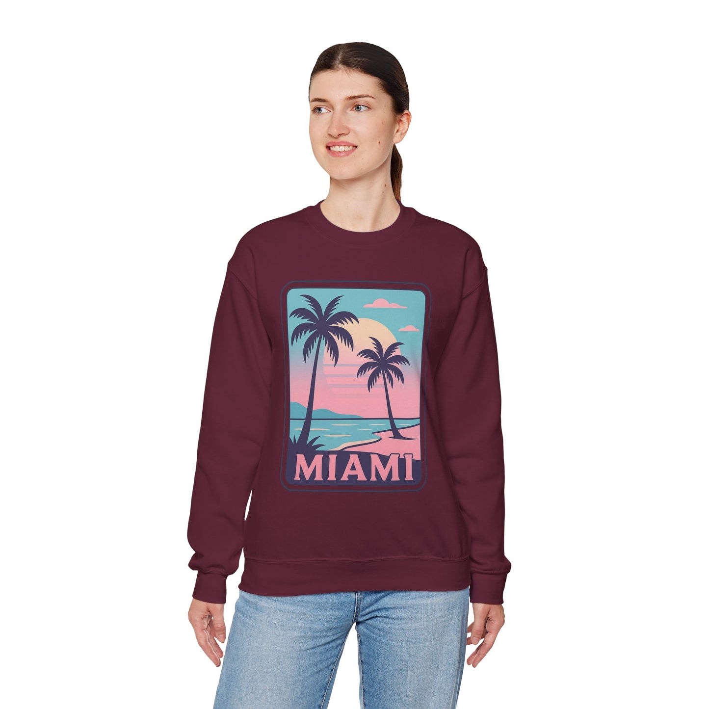 Miami Sunset Crewneck Sweatshirt, Unisex Sweatshirt, Beach Vibes Apparel, Vacation Wear, Gift for Miami Lovers