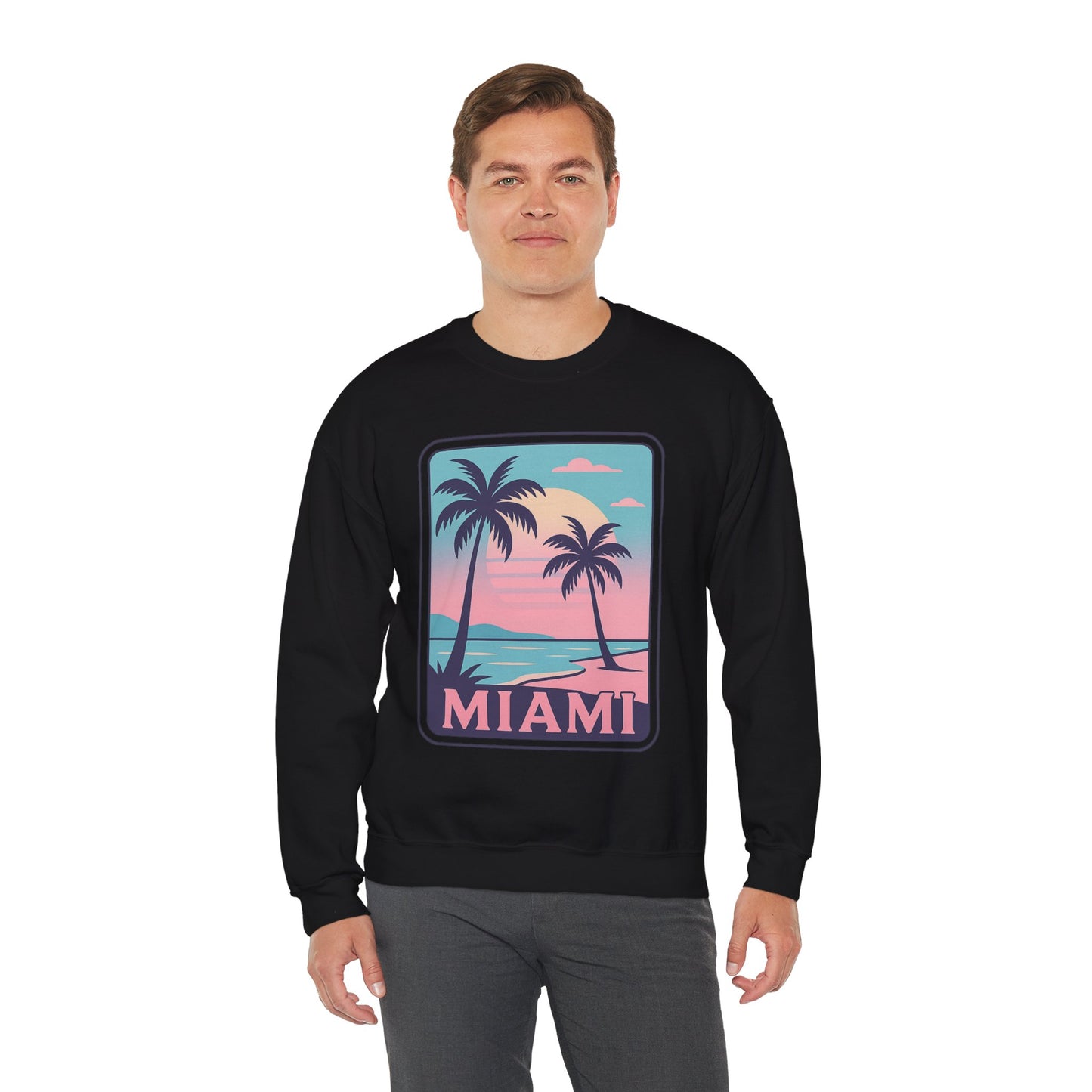 Miami Sunset Crewneck Sweatshirt, Unisex Sweatshirt, Beach Vibes Apparel, Vacation Wear, Gift for Miami Lovers