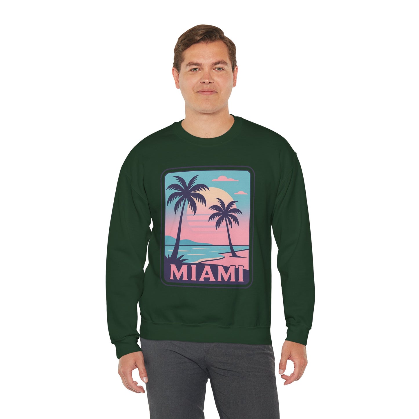 Miami Sunset Crewneck Sweatshirt, Unisex Sweatshirt, Beach Vibes Apparel, Vacation Wear, Gift for Miami Lovers