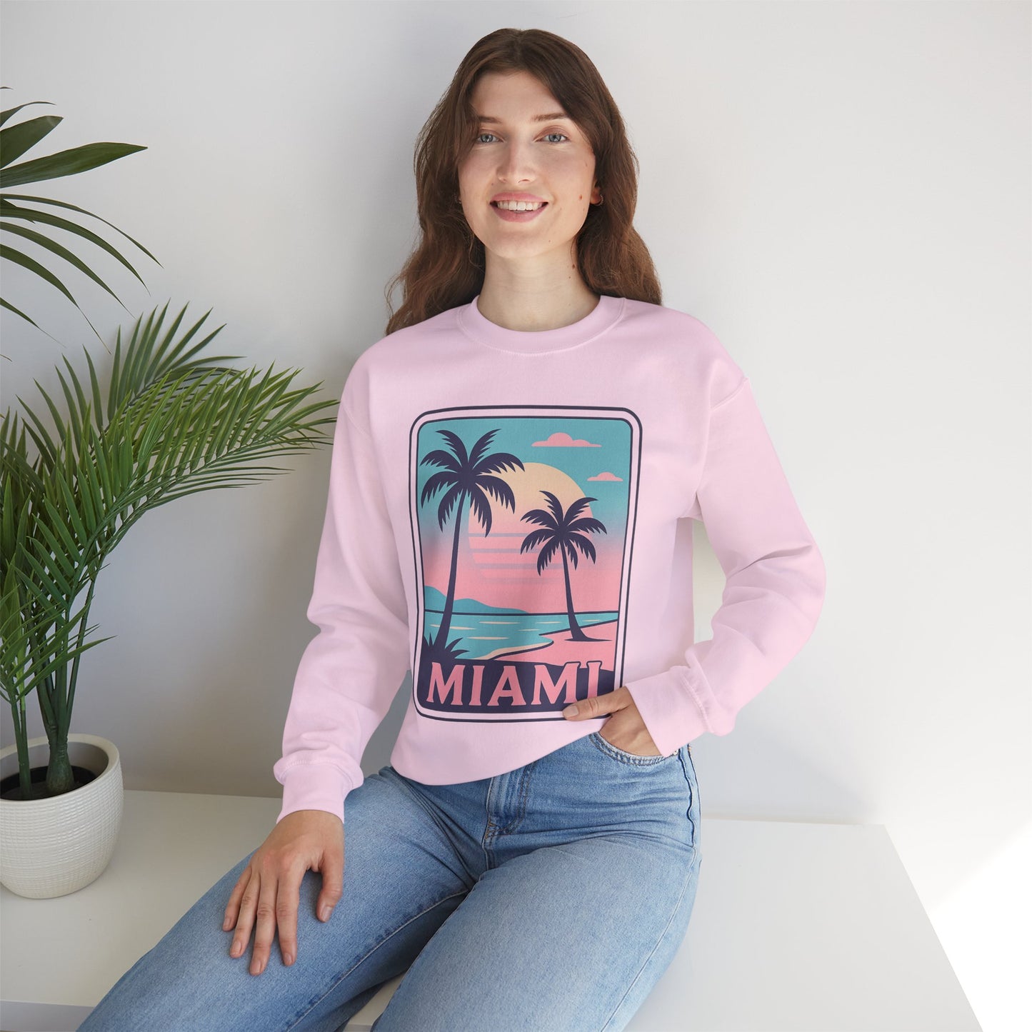 Miami Sunset Crewneck Sweatshirt, Unisex Sweatshirt, Beach Vibes Apparel, Vacation Wear, Gift for Miami Lovers