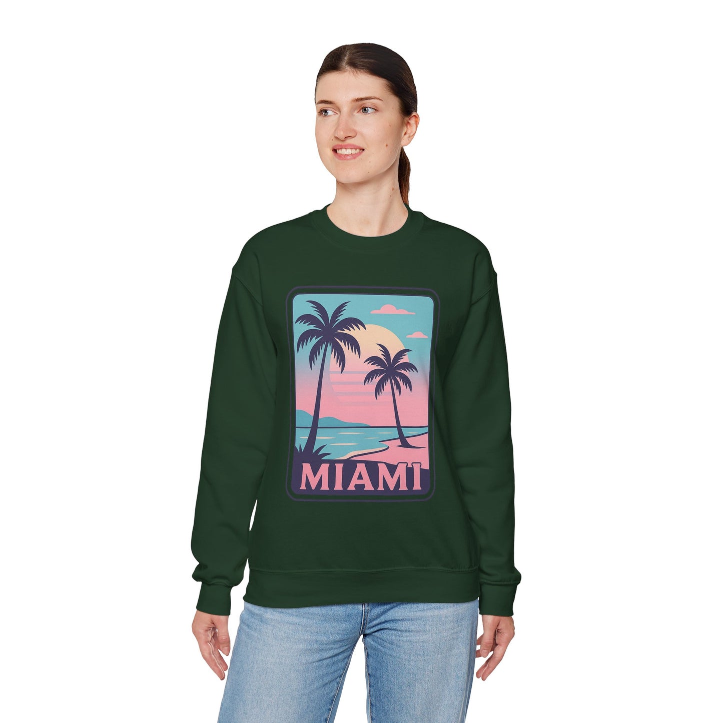 Miami Sunset Crewneck Sweatshirt, Unisex Sweatshirt, Beach Vibes Apparel, Vacation Wear, Gift for Miami Lovers