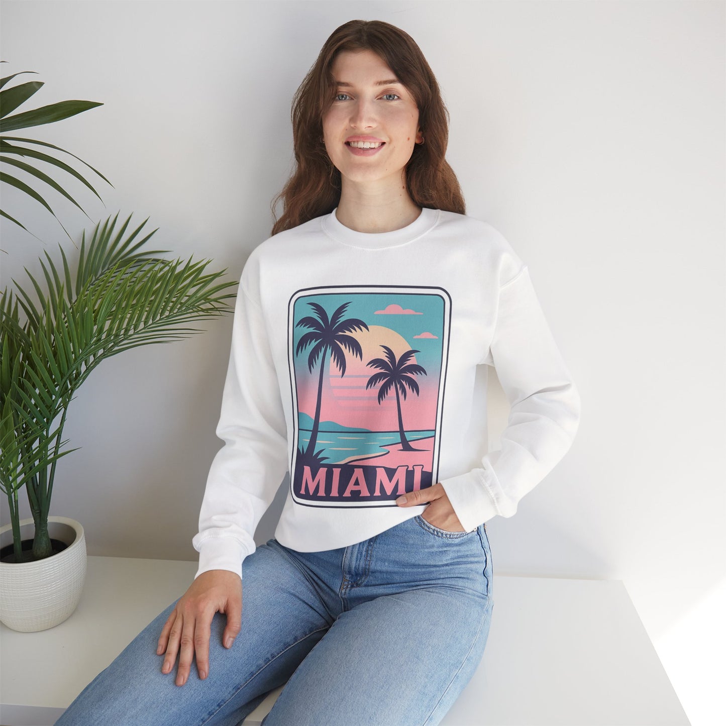 Miami Sunset Crewneck Sweatshirt, Unisex Sweatshirt, Beach Vibes Apparel, Vacation Wear, Gift for Miami Lovers