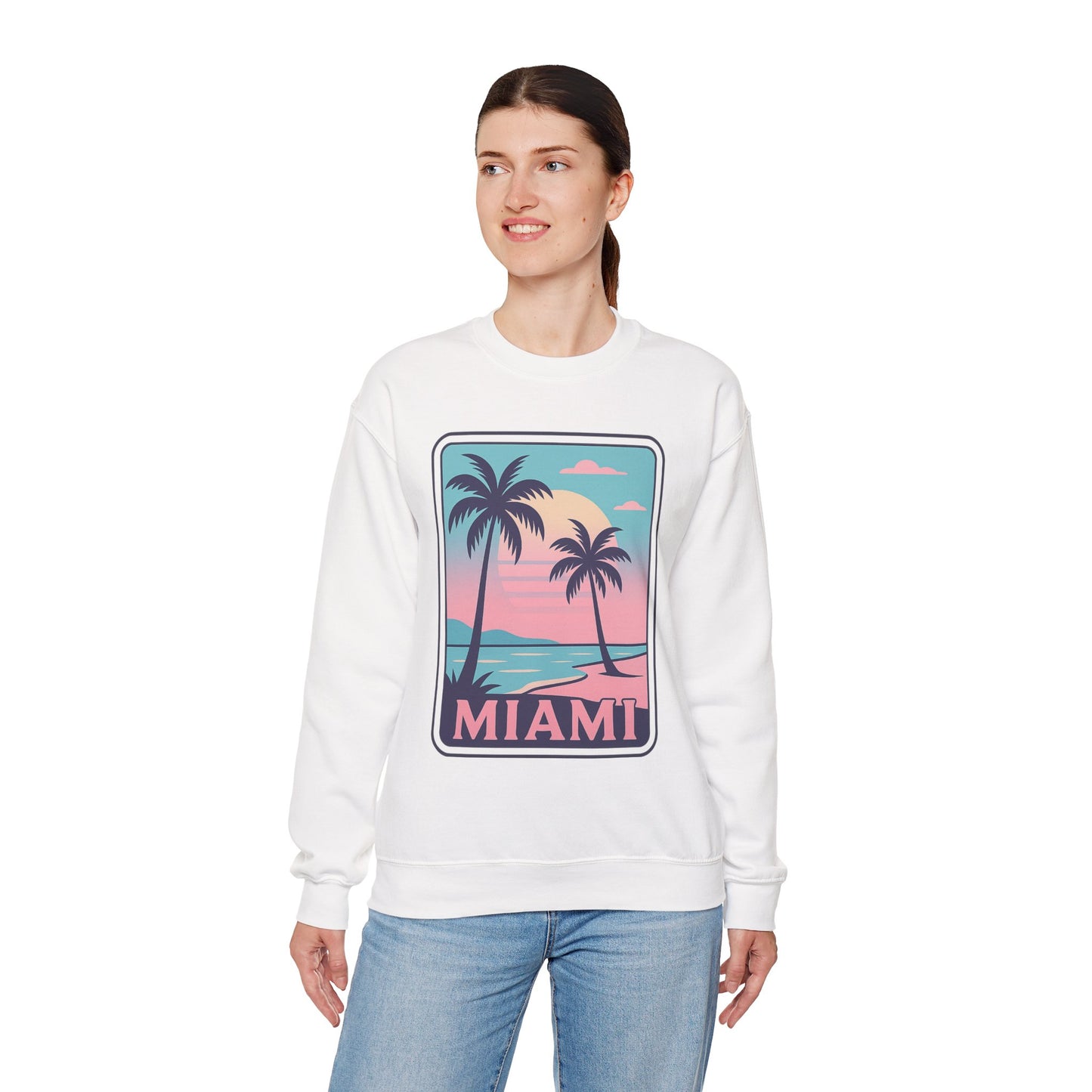 Miami Sunset Crewneck Sweatshirt, Unisex Sweatshirt, Beach Vibes Apparel, Vacation Wear, Gift for Miami Lovers