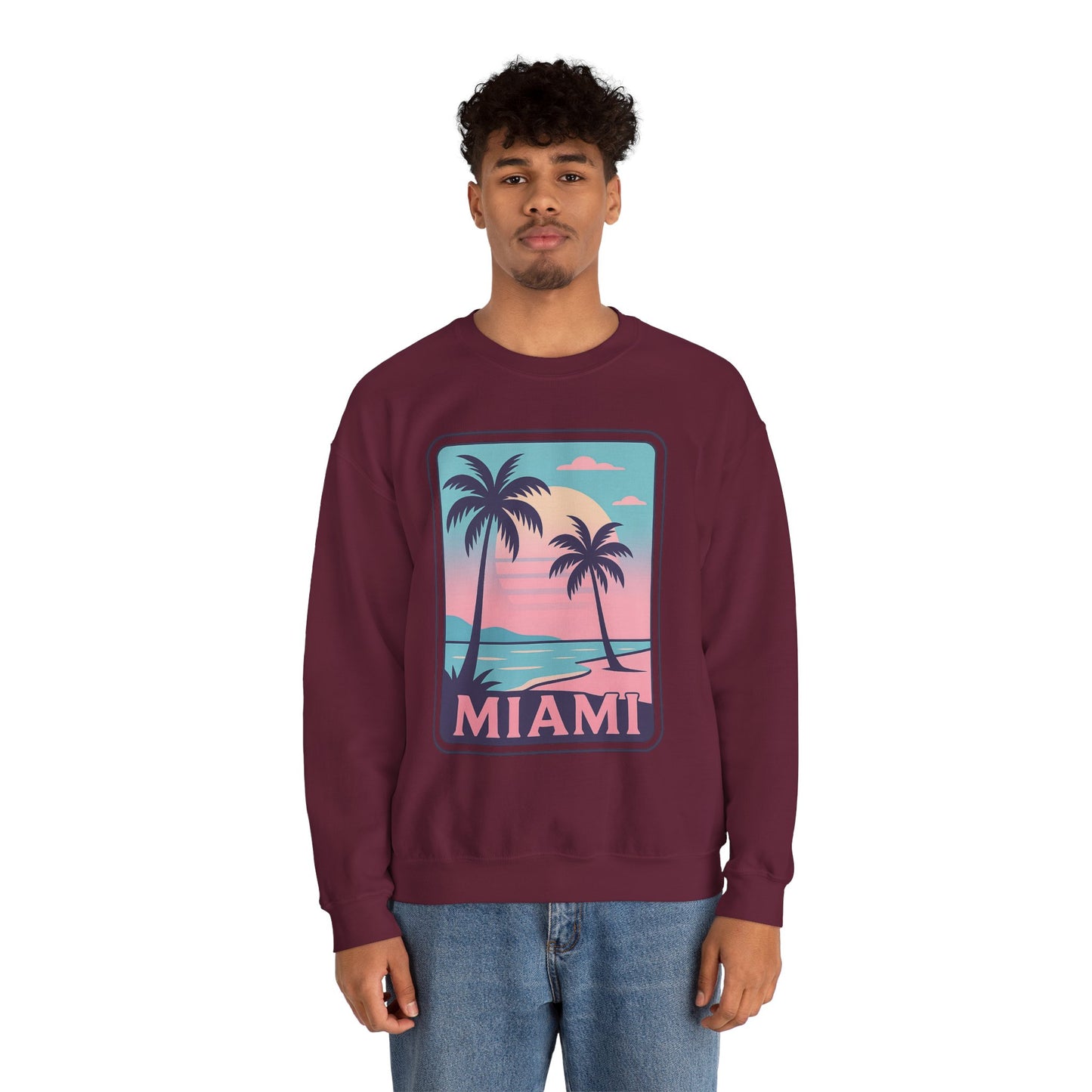 Miami Sunset Crewneck Sweatshirt, Unisex Sweatshirt, Beach Vibes Apparel, Vacation Wear, Gift for Miami Lovers