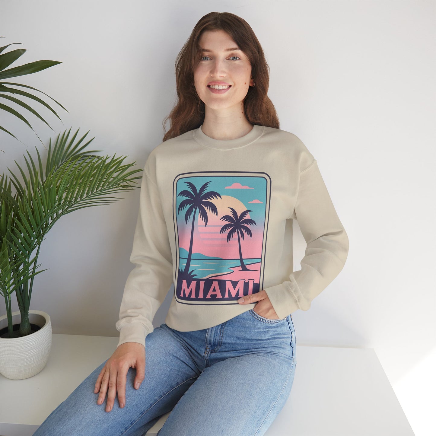 Miami Sunset Crewneck Sweatshirt, Unisex Sweatshirt, Beach Vibes Apparel, Vacation Wear, Gift for Miami Lovers