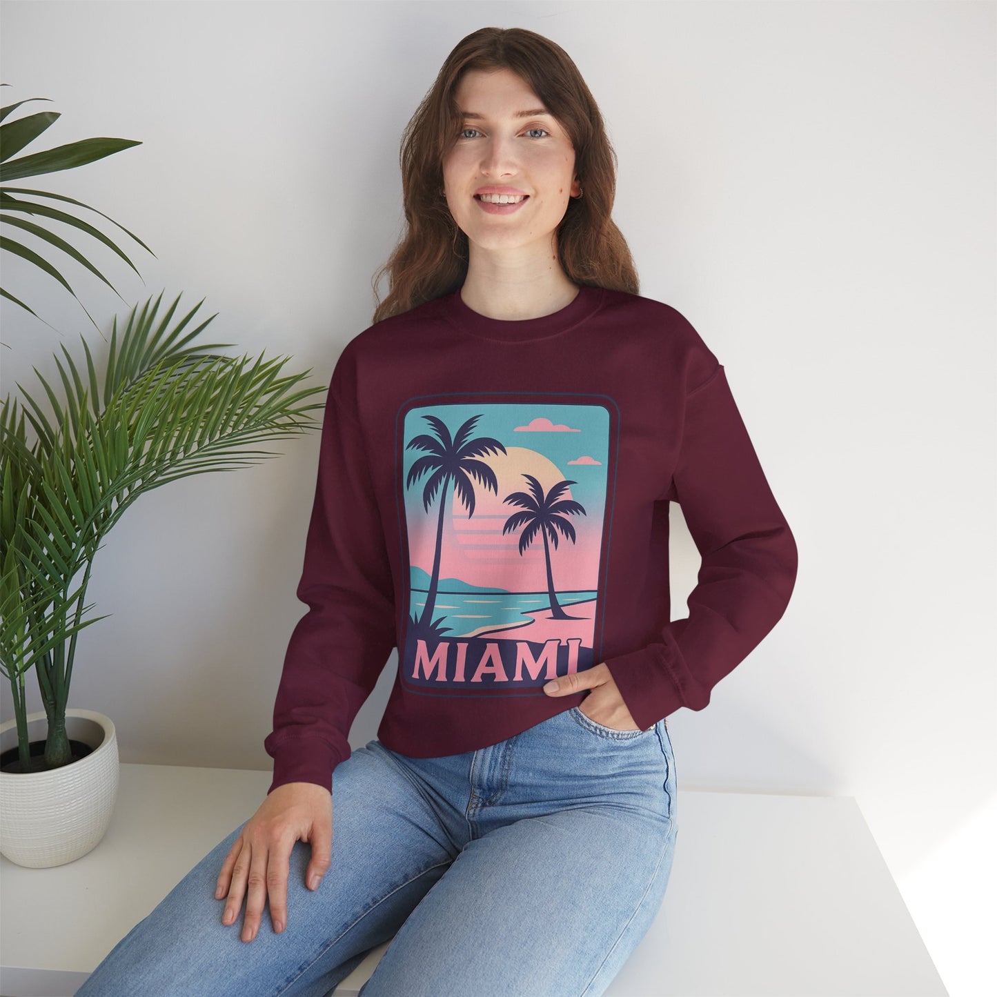 Miami Sunset Crewneck Sweatshirt, Unisex Sweatshirt, Beach Vibes Apparel, Vacation Wear, Gift for Miami Lovers