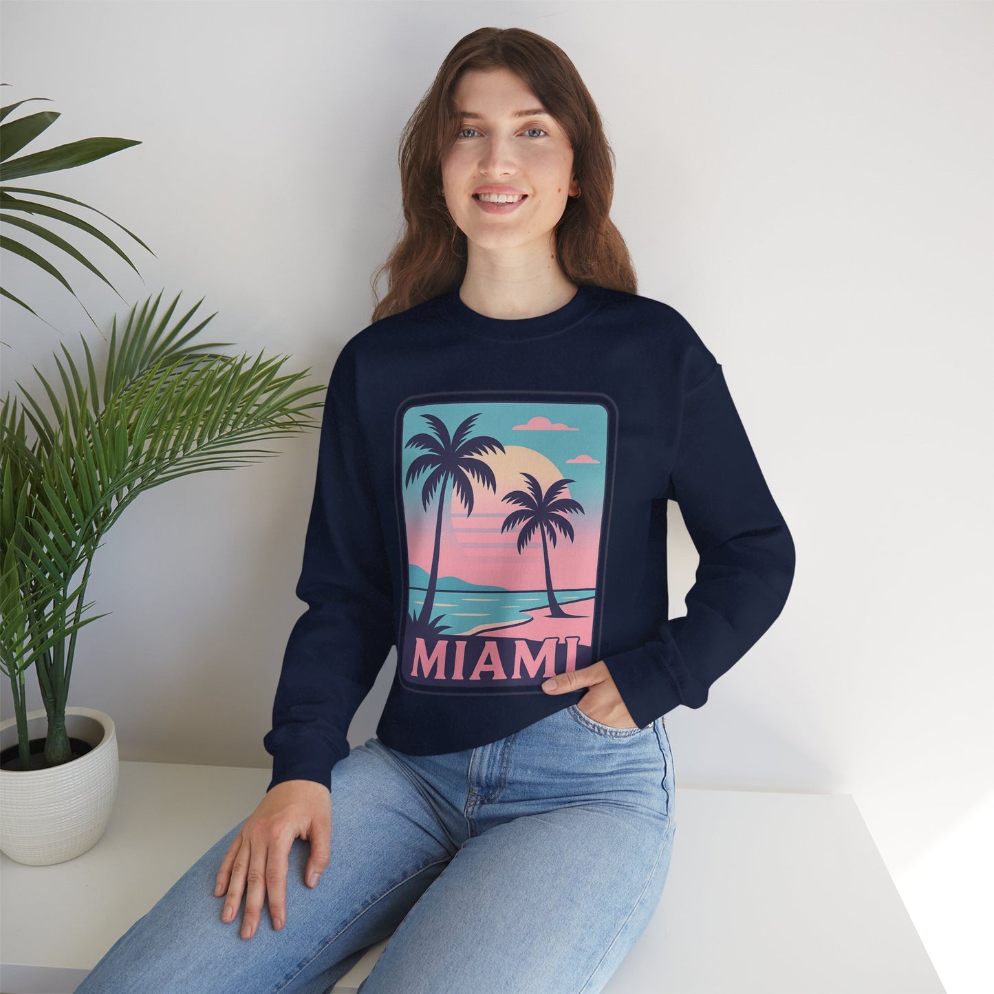 Miami Sunset Crewneck Sweatshirt, Unisex Sweatshirt, Beach Vibes Apparel, Vacation Wear, Gift for Miami Lovers