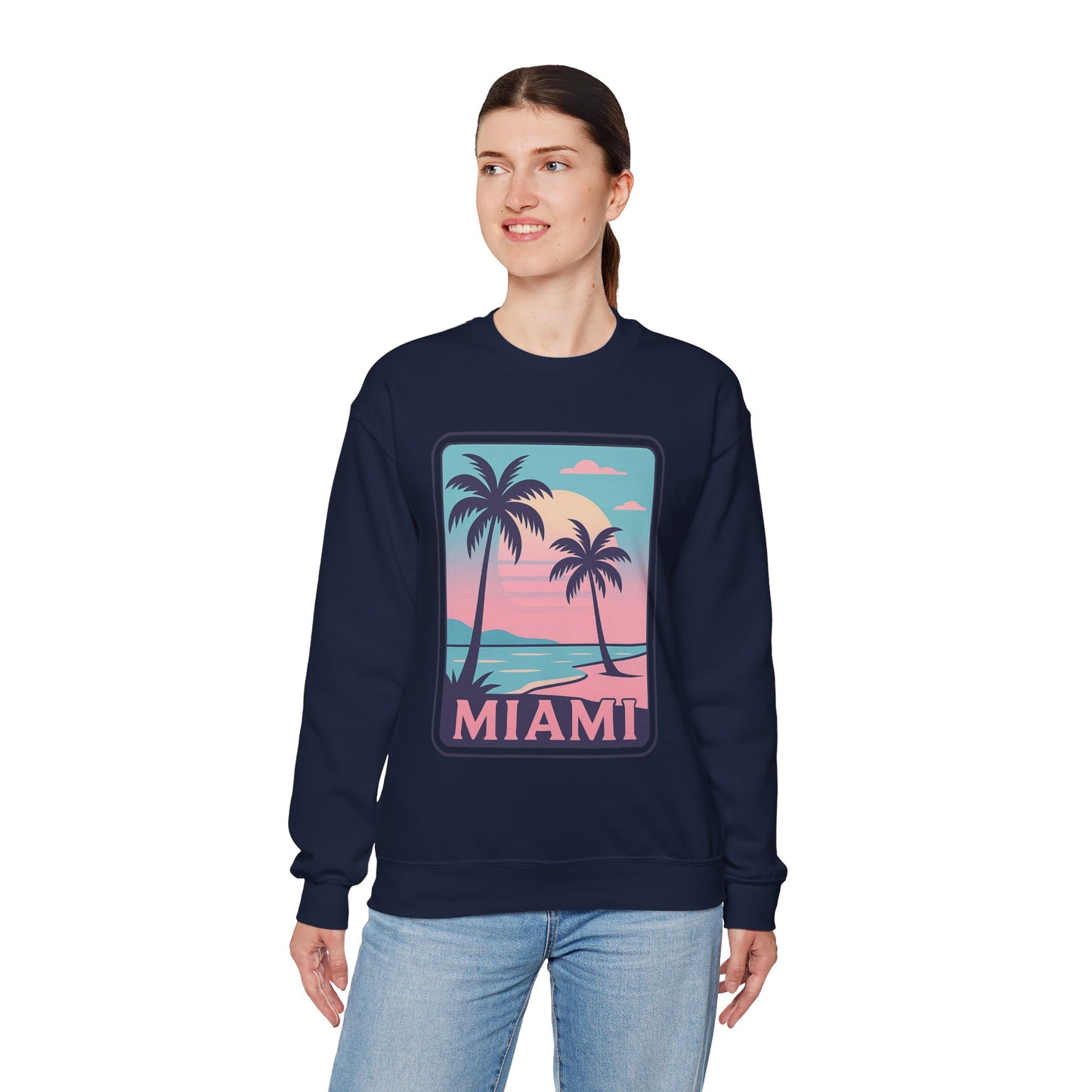 Miami Sunset Crewneck Sweatshirt, Unisex Sweatshirt, Beach Vibes Apparel, Vacation Wear, Gift for Miami Lovers