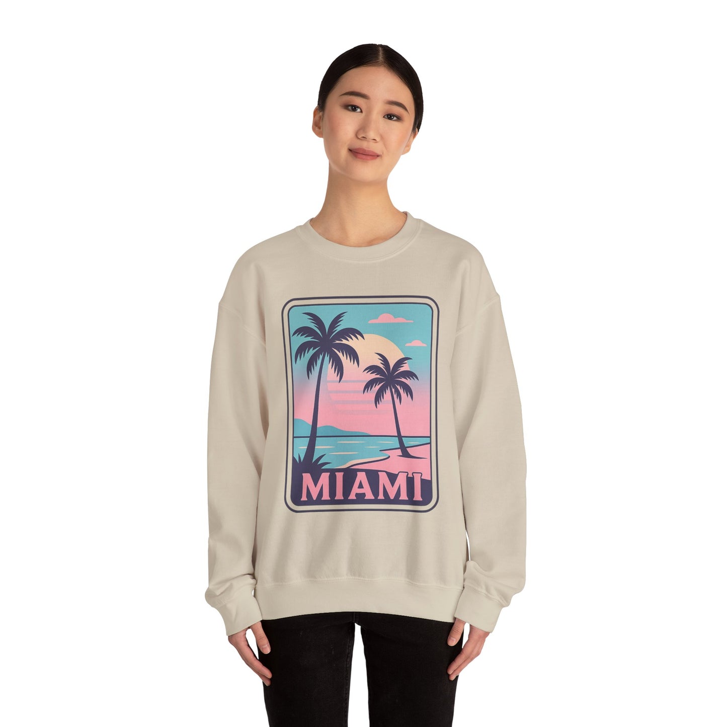 Miami Sunset Crewneck Sweatshirt, Unisex Sweatshirt, Beach Vibes Apparel, Vacation Wear, Gift for Miami Lovers