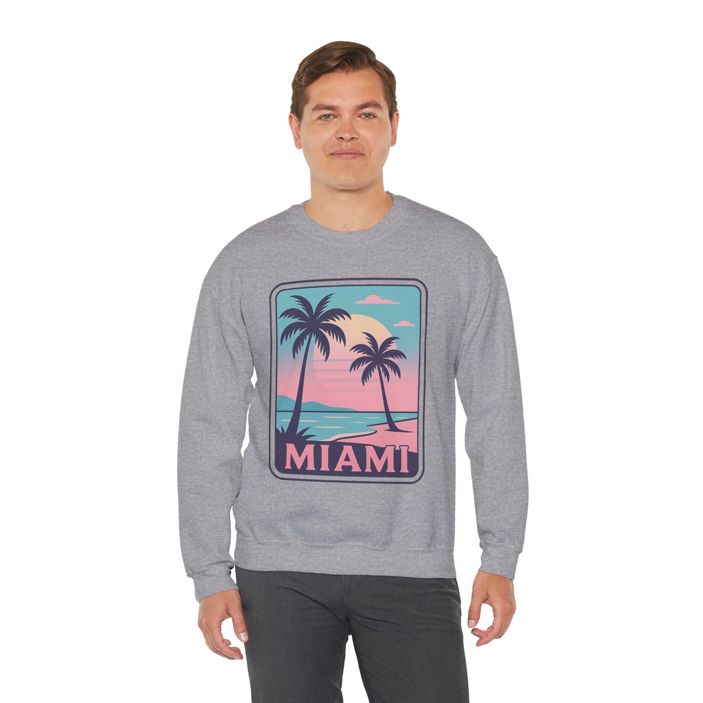 Miami Sunset Crewneck Sweatshirt, Unisex Sweatshirt, Beach Vibes Apparel, Vacation Wear, Gift for Miami Lovers