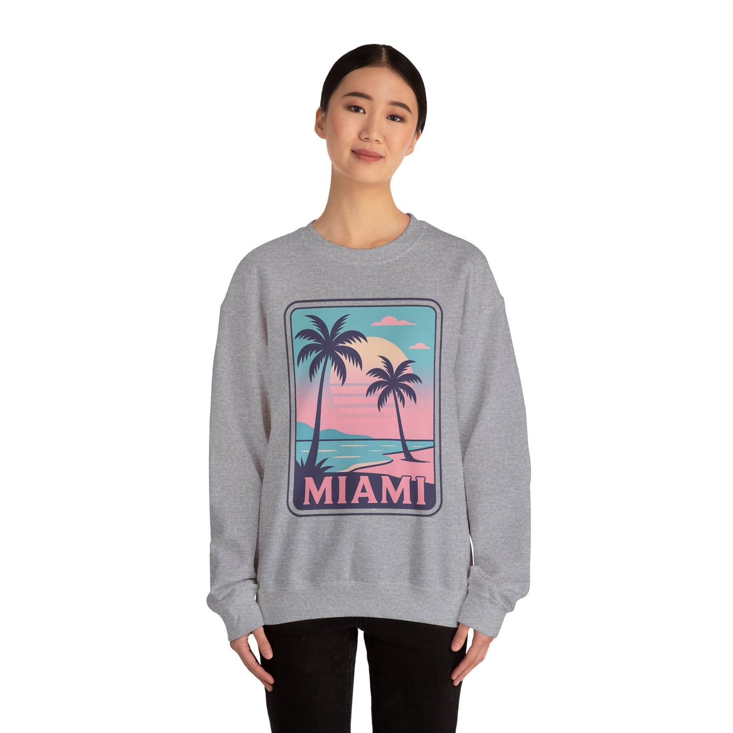 Miami Sunset Crewneck Sweatshirt, Unisex Sweatshirt, Beach Vibes Apparel, Vacation Wear, Gift for Miami Lovers