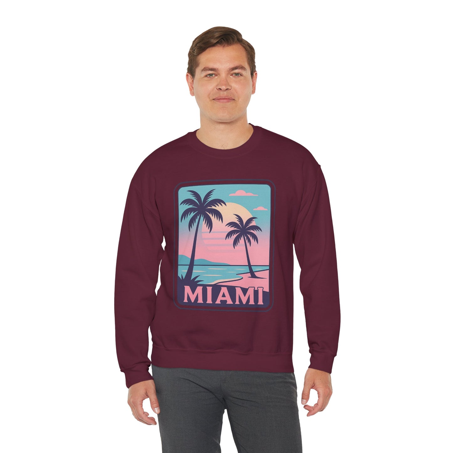 Miami Sunset Crewneck Sweatshirt, Unisex Sweatshirt, Beach Vibes Apparel, Vacation Wear, Gift for Miami Lovers