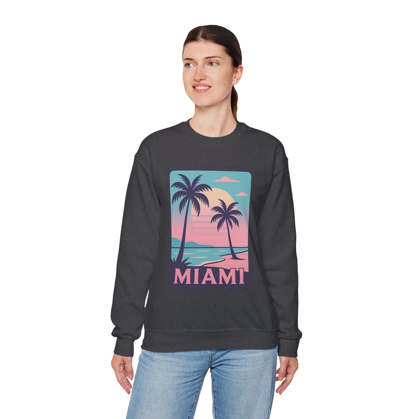 Miami Sunset Crewneck Sweatshirt, Unisex Sweatshirt, Beach Vibes Apparel, Vacation Wear, Gift for Miami Lovers
