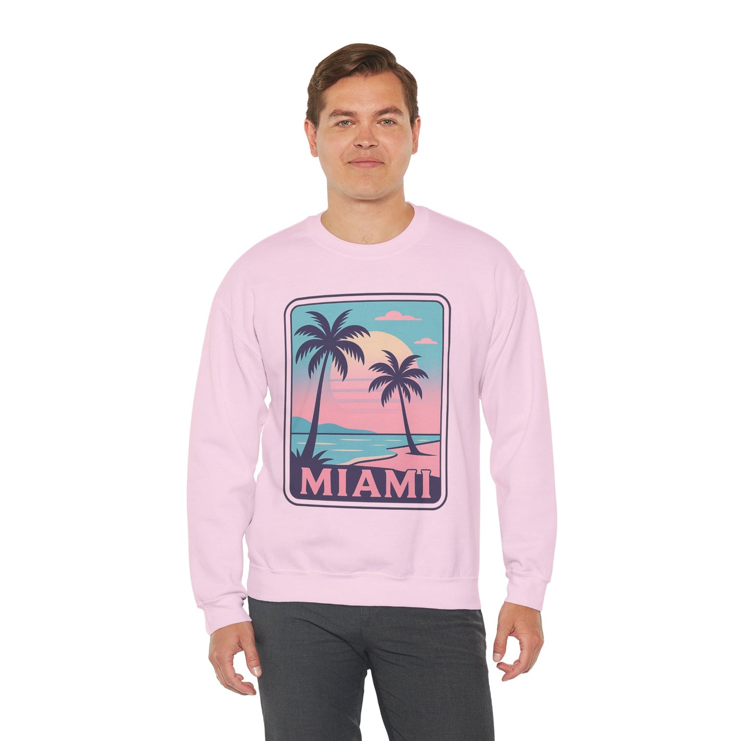 Miami Sunset Crewneck Sweatshirt, Unisex Sweatshirt, Beach Vibes Apparel, Vacation Wear, Gift for Miami Lovers