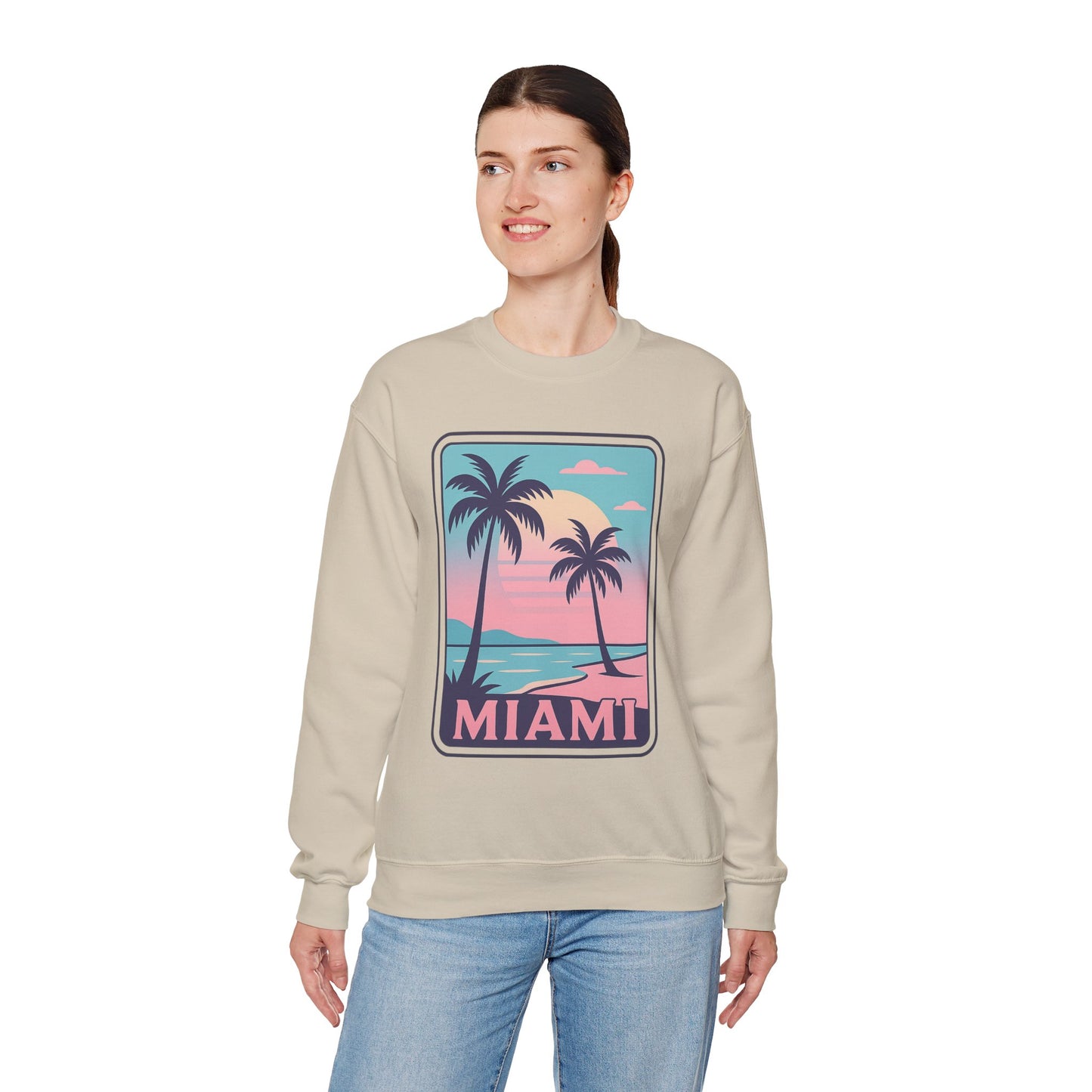 Miami Sunset Crewneck Sweatshirt, Unisex Sweatshirt, Beach Vibes Apparel, Vacation Wear, Gift for Miami Lovers