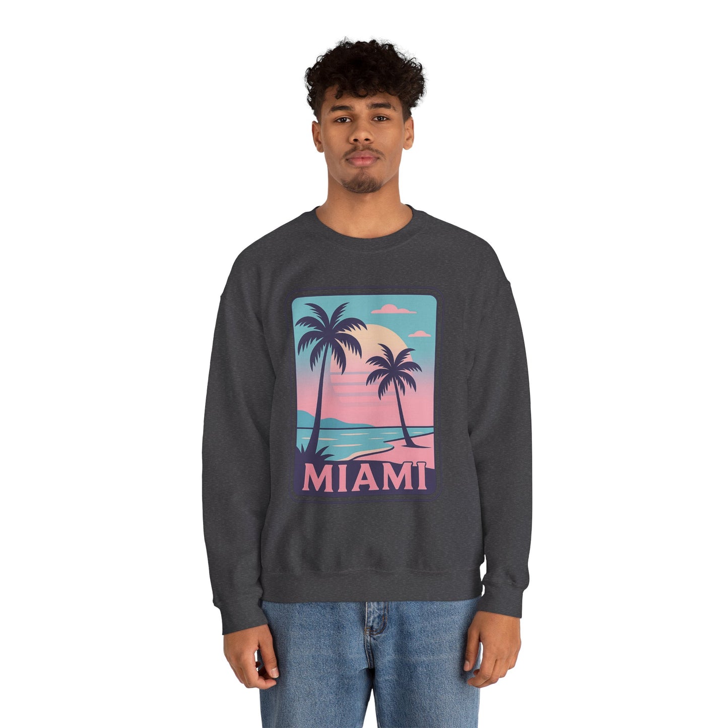 Miami Sunset Crewneck Sweatshirt, Unisex Sweatshirt, Beach Vibes Apparel, Vacation Wear, Gift for Miami Lovers
