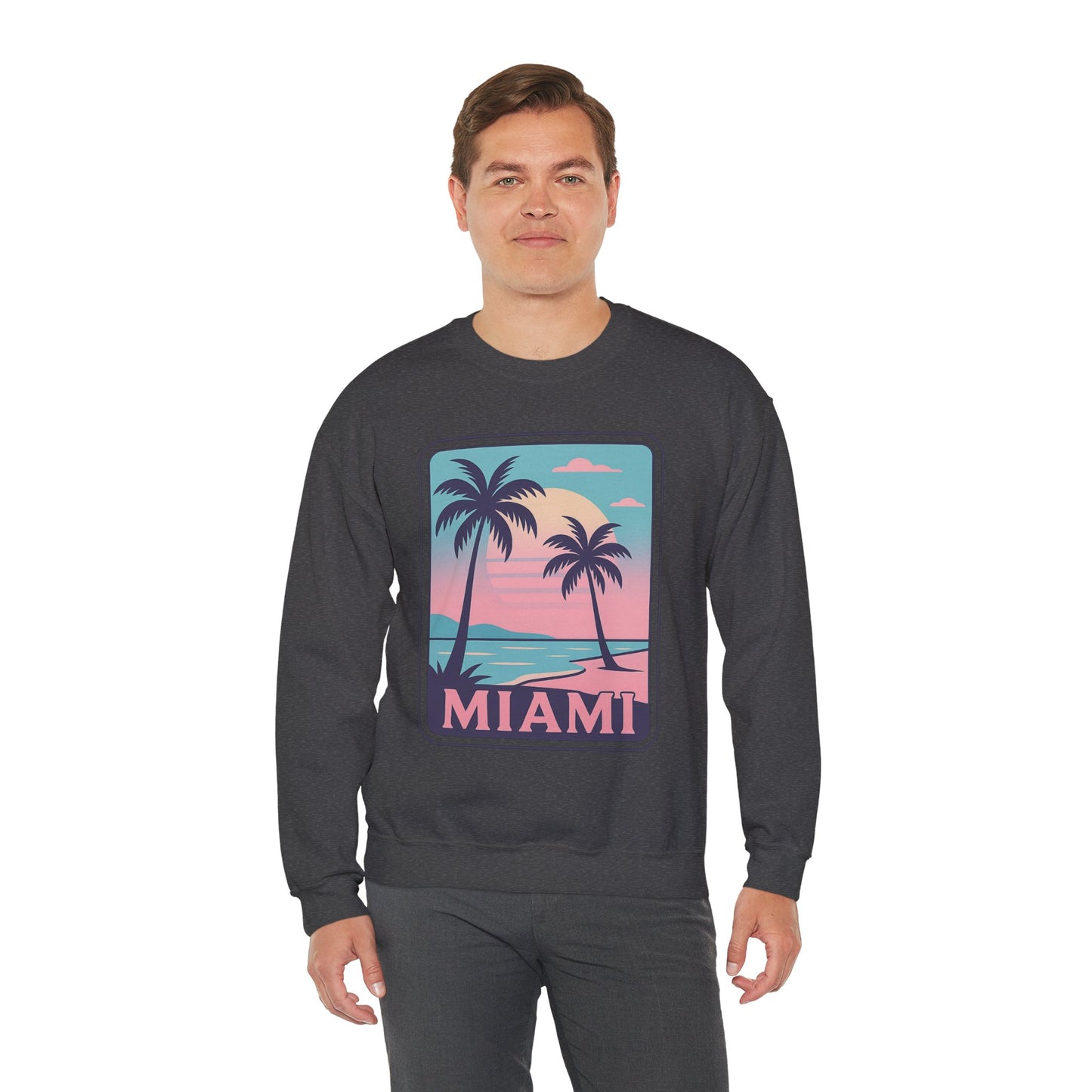 Miami Sunset Crewneck Sweatshirt, Unisex Sweatshirt, Beach Vibes Apparel, Vacation Wear, Gift for Miami Lovers