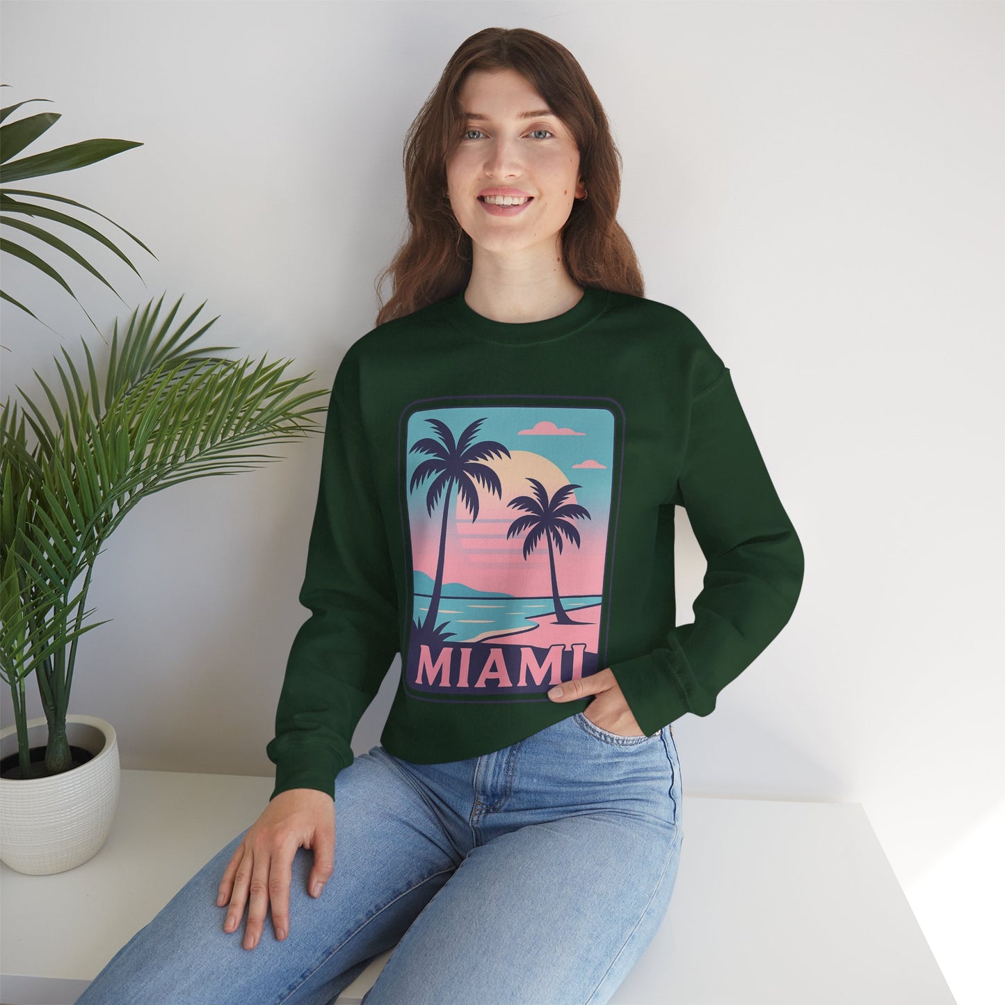 Miami Sunset Crewneck Sweatshirt, Unisex Sweatshirt, Beach Vibes Apparel, Vacation Wear, Gift for Miami Lovers