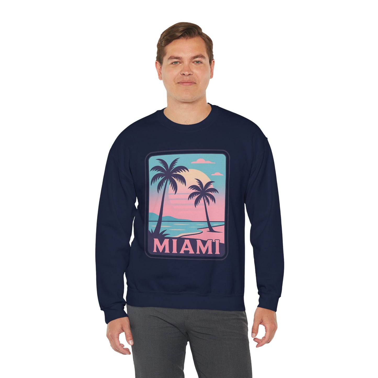 Miami Sunset Crewneck Sweatshirt, Unisex Sweatshirt, Beach Vibes Apparel, Vacation Wear, Gift for Miami Lovers