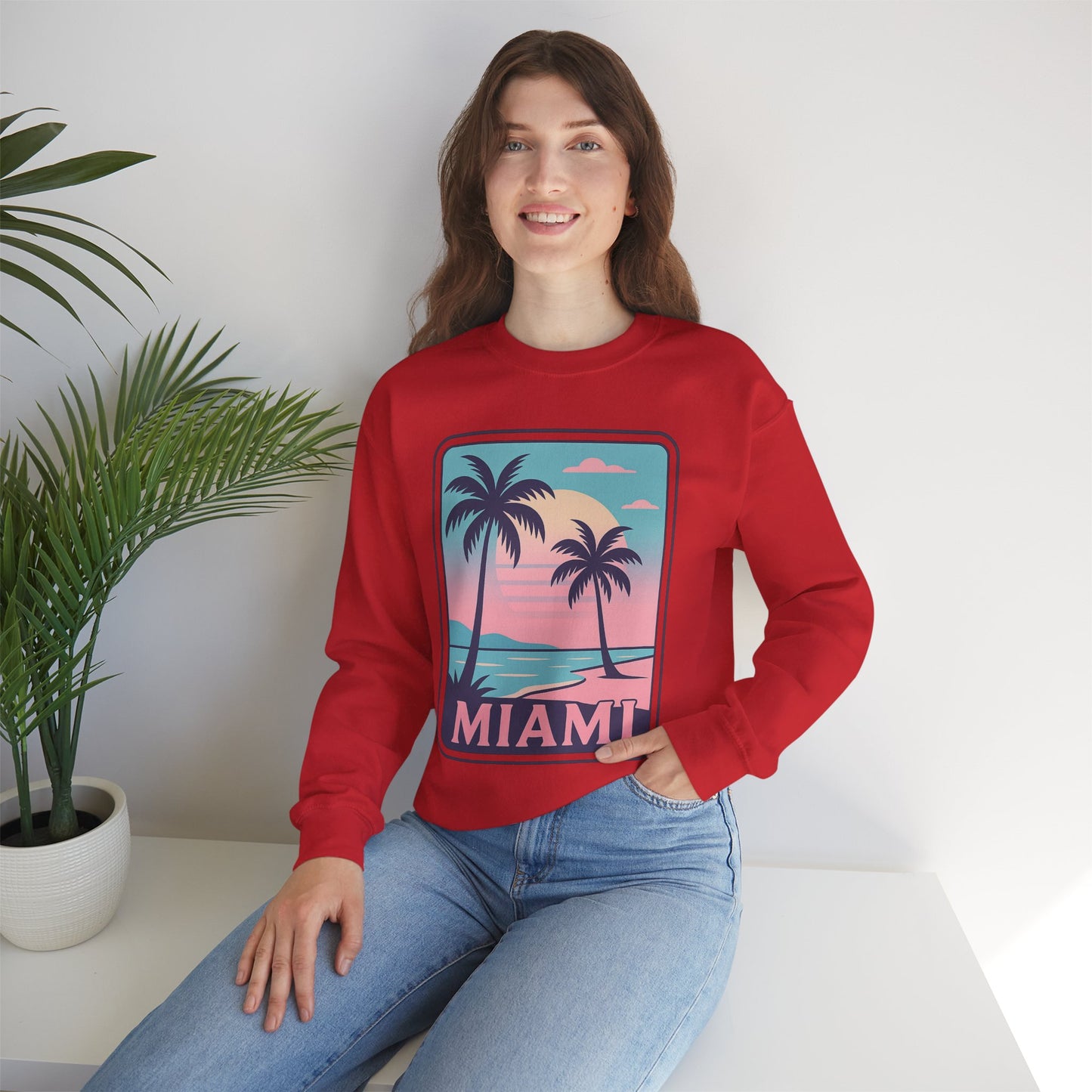 Miami Sunset Crewneck Sweatshirt, Unisex Sweatshirt, Beach Vibes Apparel, Vacation Wear, Gift for Miami Lovers