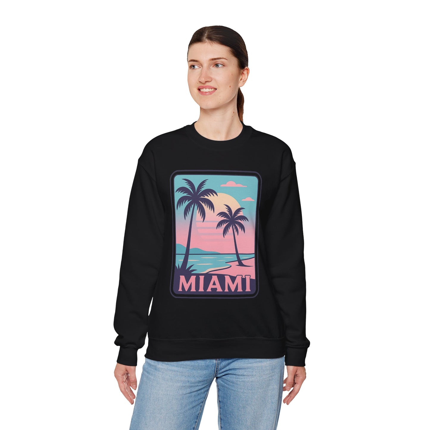 Miami Sunset Crewneck Sweatshirt, Unisex Sweatshirt, Beach Vibes Apparel, Vacation Wear, Gift for Miami Lovers