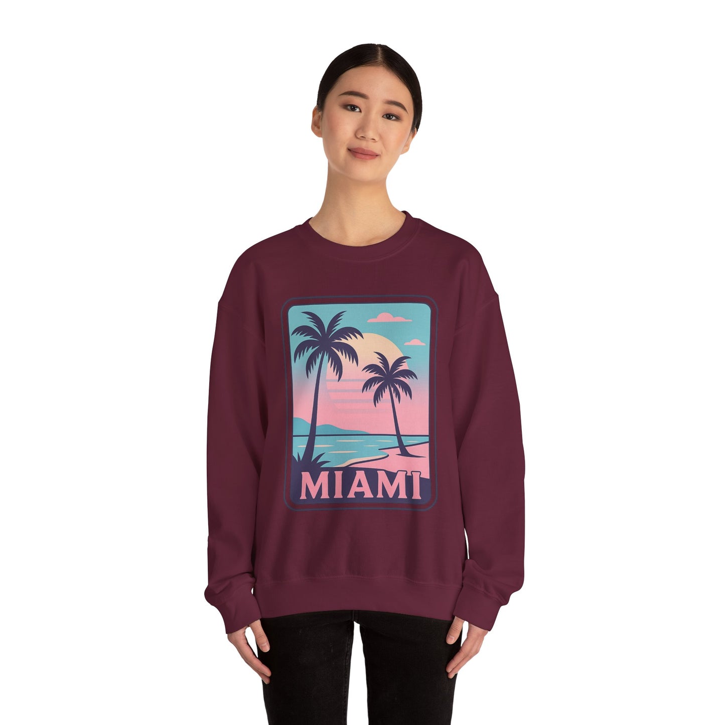 Miami Sunset Crewneck Sweatshirt, Unisex Sweatshirt, Beach Vibes Apparel, Vacation Wear, Gift for Miami Lovers