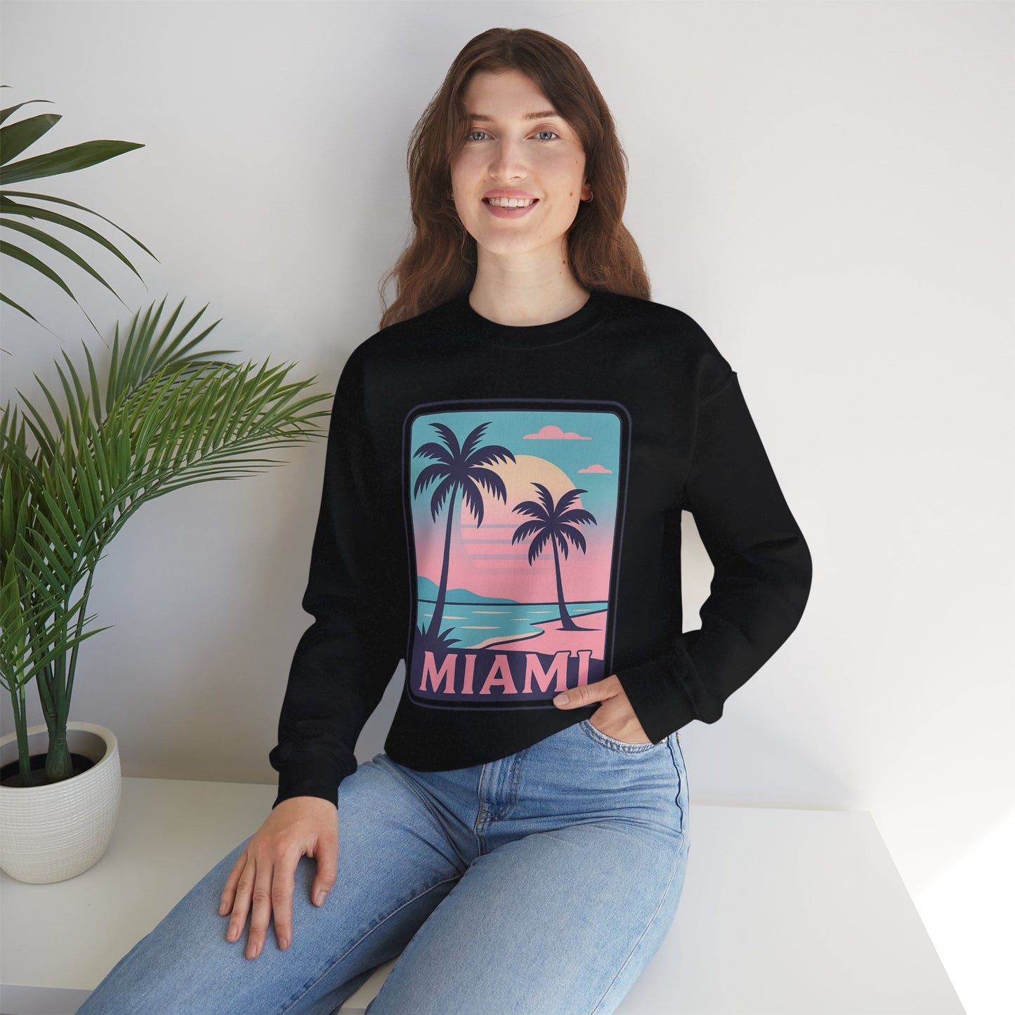 Miami Sunset Crewneck Sweatshirt, Unisex Sweatshirt, Beach Vibes Apparel, Vacation Wear, Gift for Miami Lovers