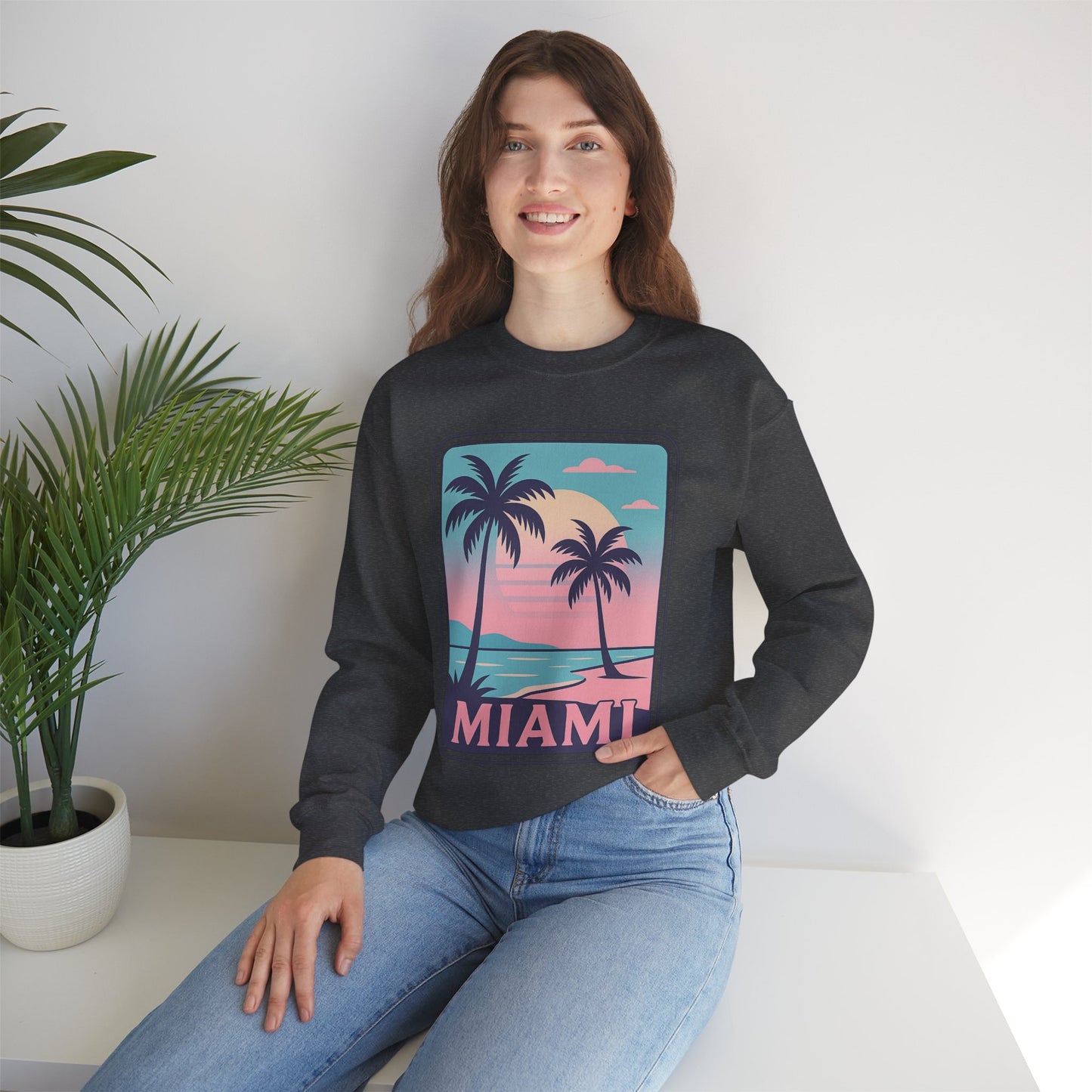 Miami Sunset Crewneck Sweatshirt, Unisex Sweatshirt, Beach Vibes Apparel, Vacation Wear, Gift for Miami Lovers