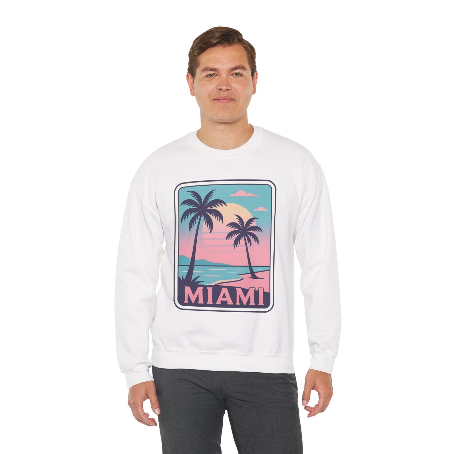Miami Sunset Crewneck Sweatshirt, Unisex Sweatshirt, Beach Vibes Apparel, Vacation Wear, Gift for Miami Lovers