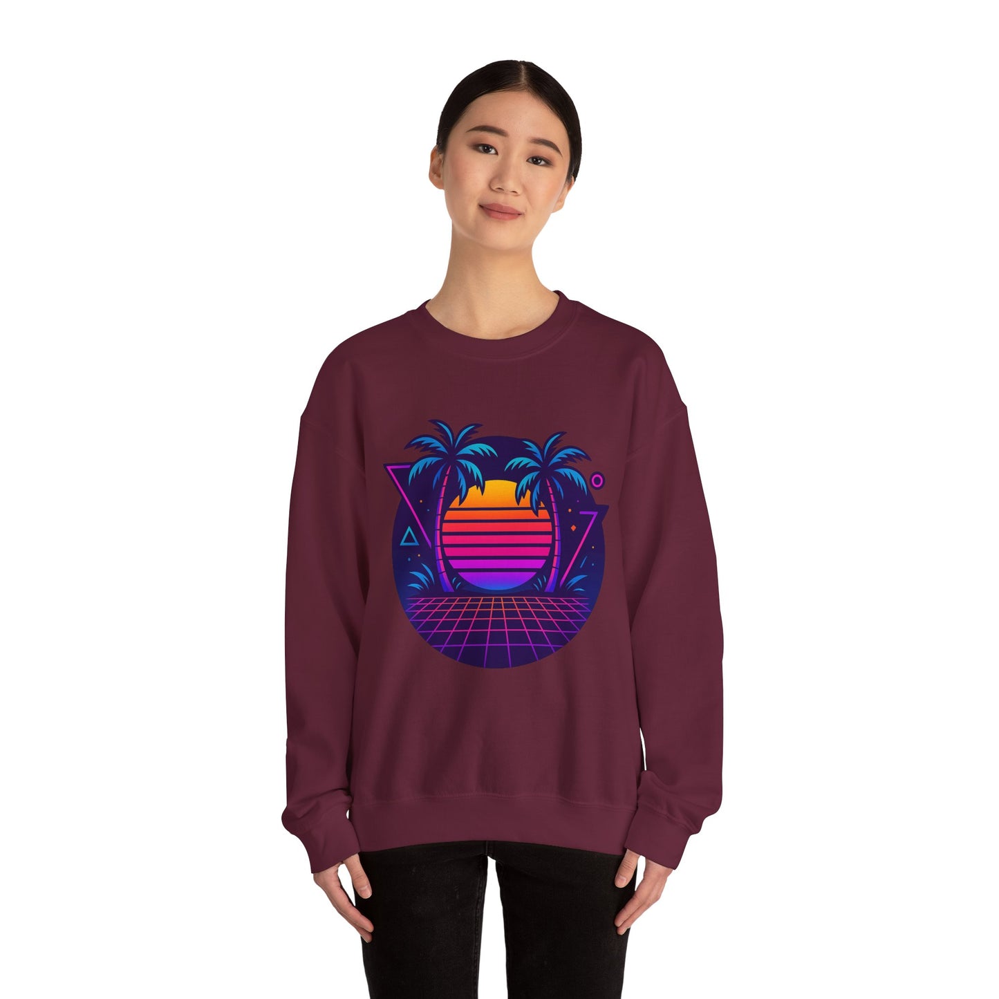 Retro Sunset Palm Trees Crewneck Sweatshirt | Cozy Unisex Fashion | Perfect for Summer Nights, Beach Days, Gifts, Casual Wear