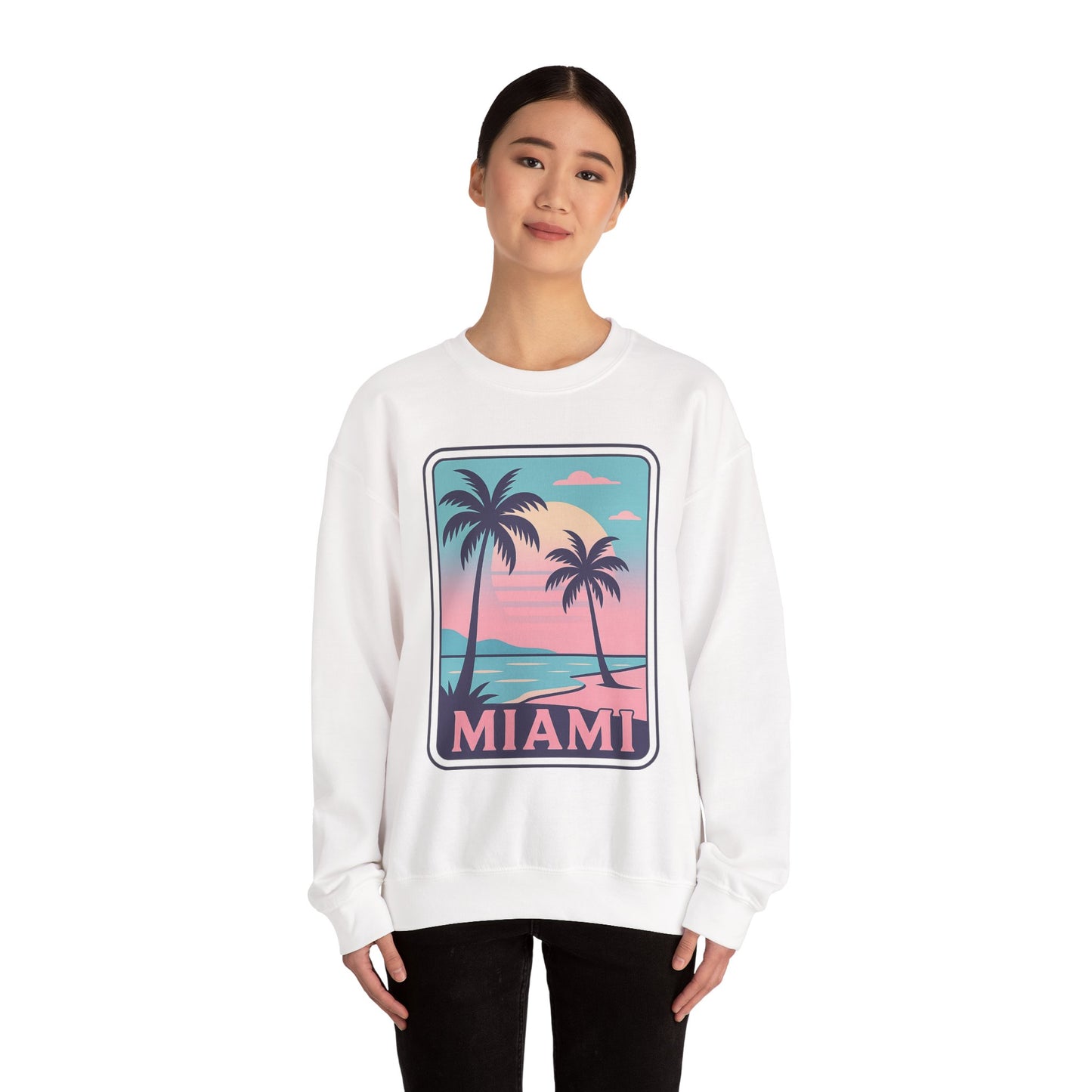 Miami Sunset Crewneck Sweatshirt, Unisex Sweatshirt, Beach Vibes Apparel, Vacation Wear, Gift for Miami Lovers